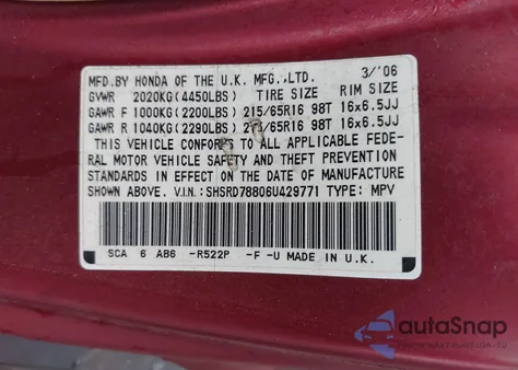 2006 Honda Cr-V Ex z USA, uszkodzony, nr VIN SHSRD78806U429771
